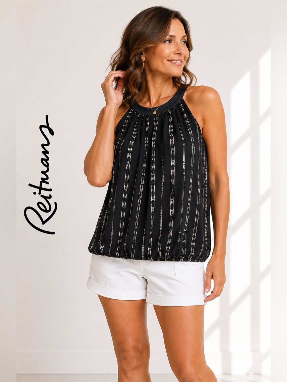 Reitmans Black Sleeveless Halter-Style Printed Top